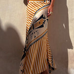 Margovil High Waist Stripes Splice Printed Maxi Irregular Skirt