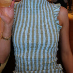 High Neck Sleeveless Smocked Bodice Striped Midi Dress
