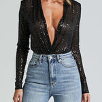 Margovil Wrap Deep V Neck Long Sleeves Sequin Bodysuit