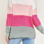 Striped Colorblock V Neck Knitted Fuzzy Sweater