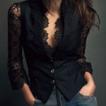 Elegant Black Lace Panel Sleeve Blazer Top