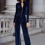 Navy Velvet Zip-Front Wide-Leg Jumpsuit