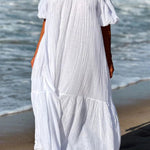 Linen Blend Ruffle Off Shoulder Puff Sleeve A-line Maxi Dress