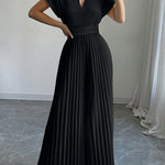 Loose Short Sleeves Pleated Solid Color Split-Joint V-Neck Jumpsuits