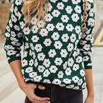 Mock Neck Floral Print Knitted Sweater Color Block Light Weight Sweater