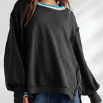 Long Sleeves Loose Fringed Solid Color Split-Joint Split-Side Round-Neck Sweatershirt