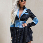 A-Line Long Sleeves Contrast Color Striped Lapel Collar Mini Dresses