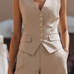 Beige Tailored Sleeveless Vest & Wide-Leg Trousers Suit Set