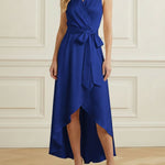 High-Low Loose Ruffle Trim Solid Color Tied Waist V-Neck Maxi Dresses
