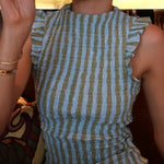 High Neck Sleeveless Smocked Bodice Striped Midi Dress
