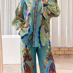 Margovil Birds Printed Puff Long Sleeves Blouse Shirt Wide Leg Pants Vacation Set