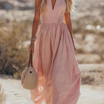 West Resort V Neck Sleeveless Waisted Cotton Linen Dress