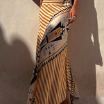 Margovil High Waist Stripes Splice Printed Maxi Irregular Skirt