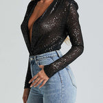 Margovil Wrap Deep V Neck Long Sleeves Sequin Bodysuit