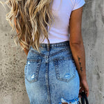 Margovil Ripped Raw Hem Irregular Bodycon Denim Skirt