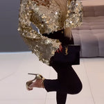 Long Bell Sleeves Metallic Sequin Crop Top