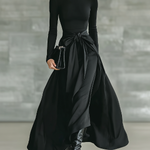 Women's Black High-Neck High-Stretch Knitted And Satin Flared Maxi Dress