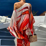 Island Girl Satin Printed Loose Slit Sleeve One Shoulder Top and Elastic Waist Pants Set