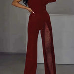 Stylish One Shoulder Slit Long Sleeve Mesh Splice Wide Leg Jumpsuit