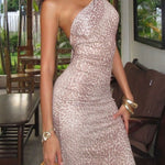Slant-shoulder Leopard Print Halter Back Maxi Dress
