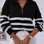 V Neck Collar Ribbed Knitted Stripe Pullover Sweater