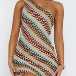 Playful Colorful Knitted Slim-fitting Offset Neck Stretch Mini Dress