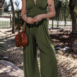 Moss Green Sleeveless V Neck Ruched Wide Leg Jumpsuit