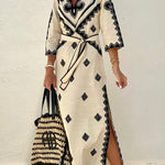 Quiet Atmosphere Linen Blend Ethnic Print Belted Midi Dress