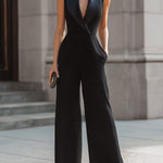 Sleek Black Tuxedo Sleeveless Wide-Leg Jumpsuit