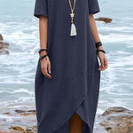 Solid Color Cotton Linen Retro Round Neck Short Sleeve Midi Dress