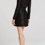 Edie Sequin High Neck Long Sleeve Satin Bow Belted Tulip Mini Dress