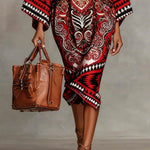 Flared Sleeves Long Sleeves Contrast Color Flower Print Geometric Split-Joint Round-Neck Midi Dresses