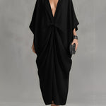 Women's Black Woven  Dress With Deep V-Neck & Twist-Front Detail, Timeless Dramatic-Luxe Style Dress