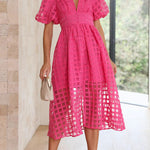 Remarkable Beauty Square Patterned Fabric Puff Sleeve Party Midi Dress