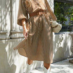 ETHEREAL SWEETIE STRIPED BELTED MIDI DRESS