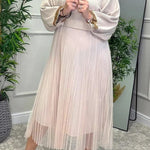 Fenna Ribbed Sequin Trim Batwing Sleeve Sweater and Pleated Tulle Stretch Tank Midi Dress Two-piece Set