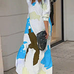 Loose Wrap Buttoned Contrast Color Pockets Printed Split-Side Shirt Dress
