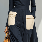 Women's Fashionable And Elegant Navy Blue Turtleneck Long-sleeved Fitted Top Paired With Matching Wide-leg Trousers With White Color Blocking Pockets