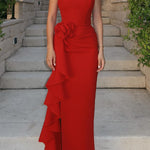 Halter Neck Slim Fit 3D Flower Slit Maxi Dress