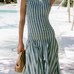 High Neck Sleeveless Smocked Bodice Striped Midi Dress