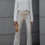 Elastic Waist Bell Bottoms Stretchy Sequin Pants