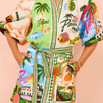 Margovil Lantern Sleeves Tie Waist Cotton Linen Resort Print Shirt Dress