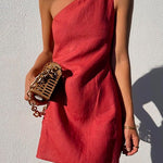 Margovil One Shoulder Sleeveless Cotton Linen Mini Dress