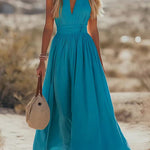 West Resort V Neck Sleeveless Waisted Cotton Linen Dress
