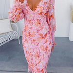 V Neck Long Sleeves Smocked Fairy Floral Mermaid Midi Dress