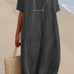 Margovil V Neck Short Sleeve Baggy Cotton Linen Midi Dress