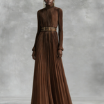 Women's Elegant Brown Chiffon High-neck Long-sleeved Maxi Dress
