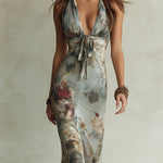 Vintage Floral Print Halter Neck Fishtail Chiffon Maxi Dress
