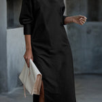 Long Sleeves Loose Solid Color Split-Side One-Shoulder Midi Dresses