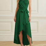 High-Low Loose Ruffle Trim Solid Color Tied Waist V-Neck Maxi Dresses